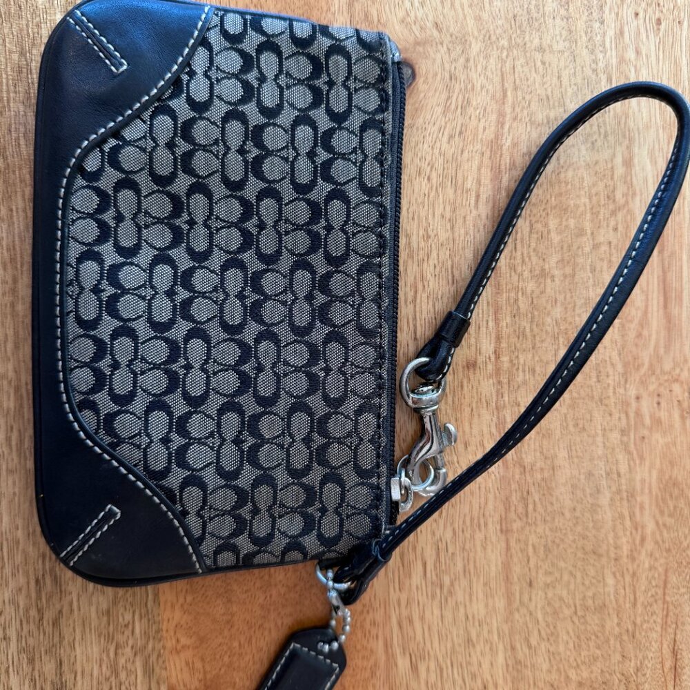 Vintage Coach Mini Signature Y2K Canvas Logo Wristlet - Black Leather & Gray